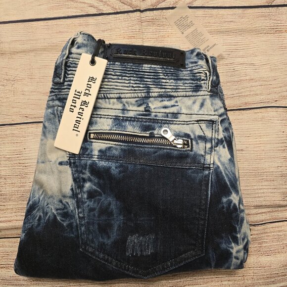 Rock Revival Moto Daviday Jeans Men's Destruction Blue Tie Dye Zippers Stretch - Picture 4 of 16